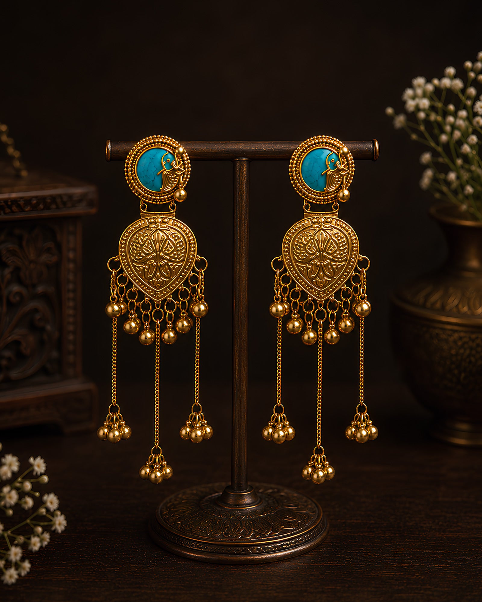 Turquoise Stone & Gold Tassel Earrings