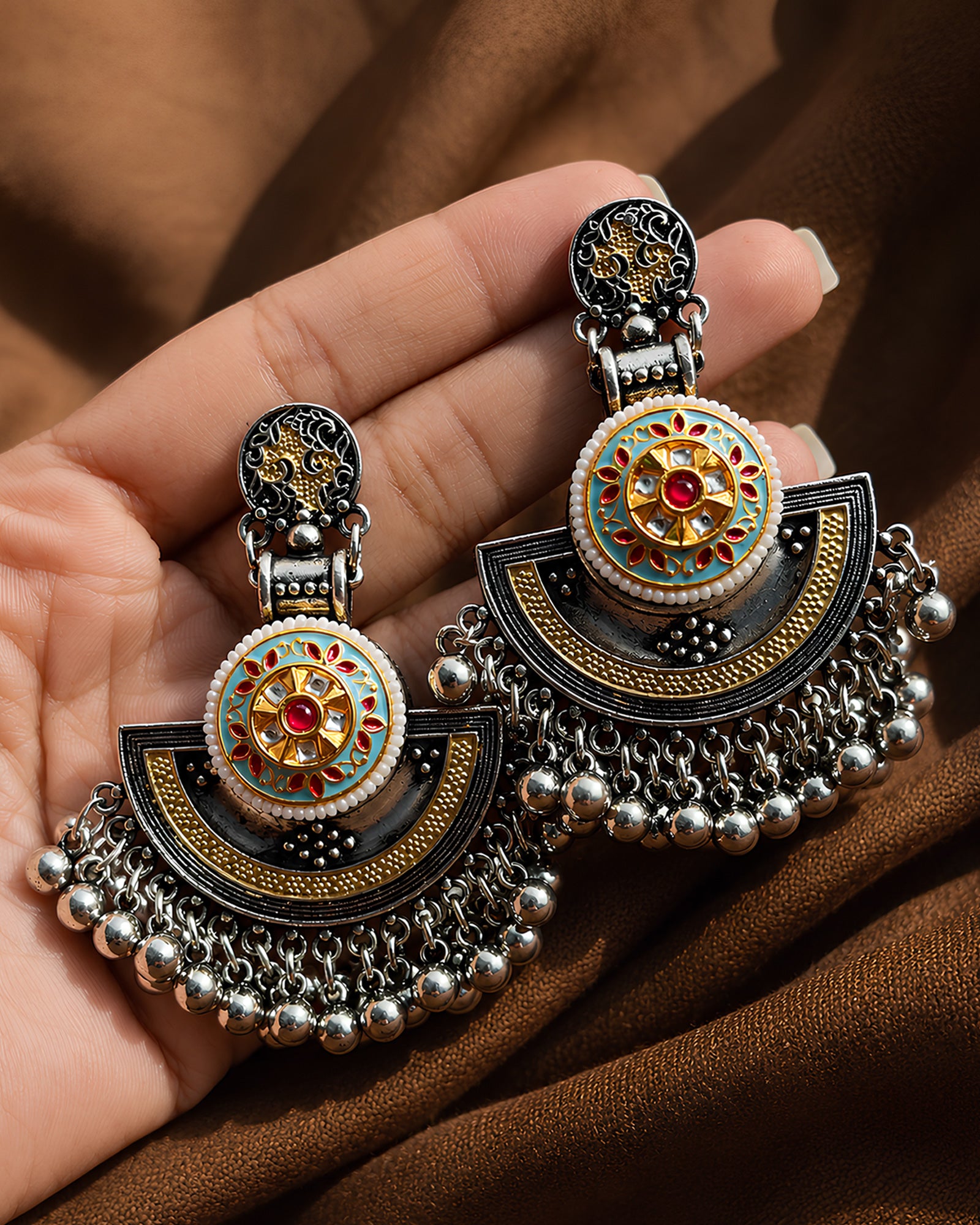 Turquoise Wheel Dual-Tone Chandbali Oxidized Earrings