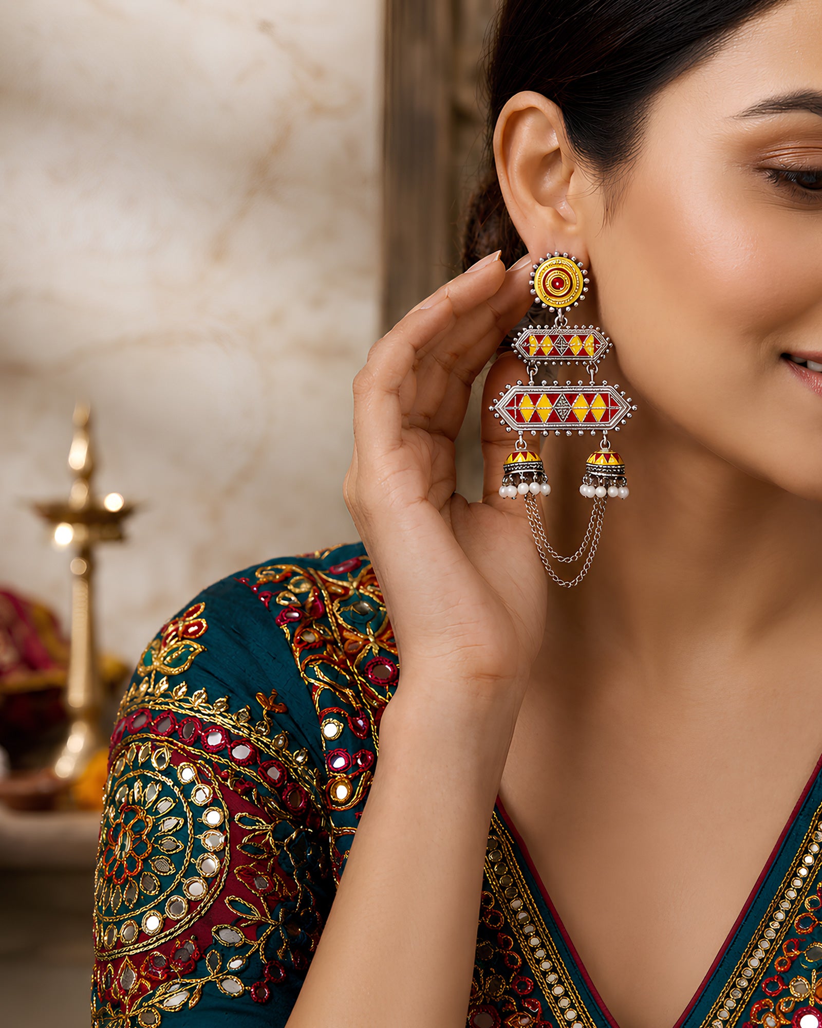 Vibrant Geometric Enamel Tiered Twin Jhumka Earrings