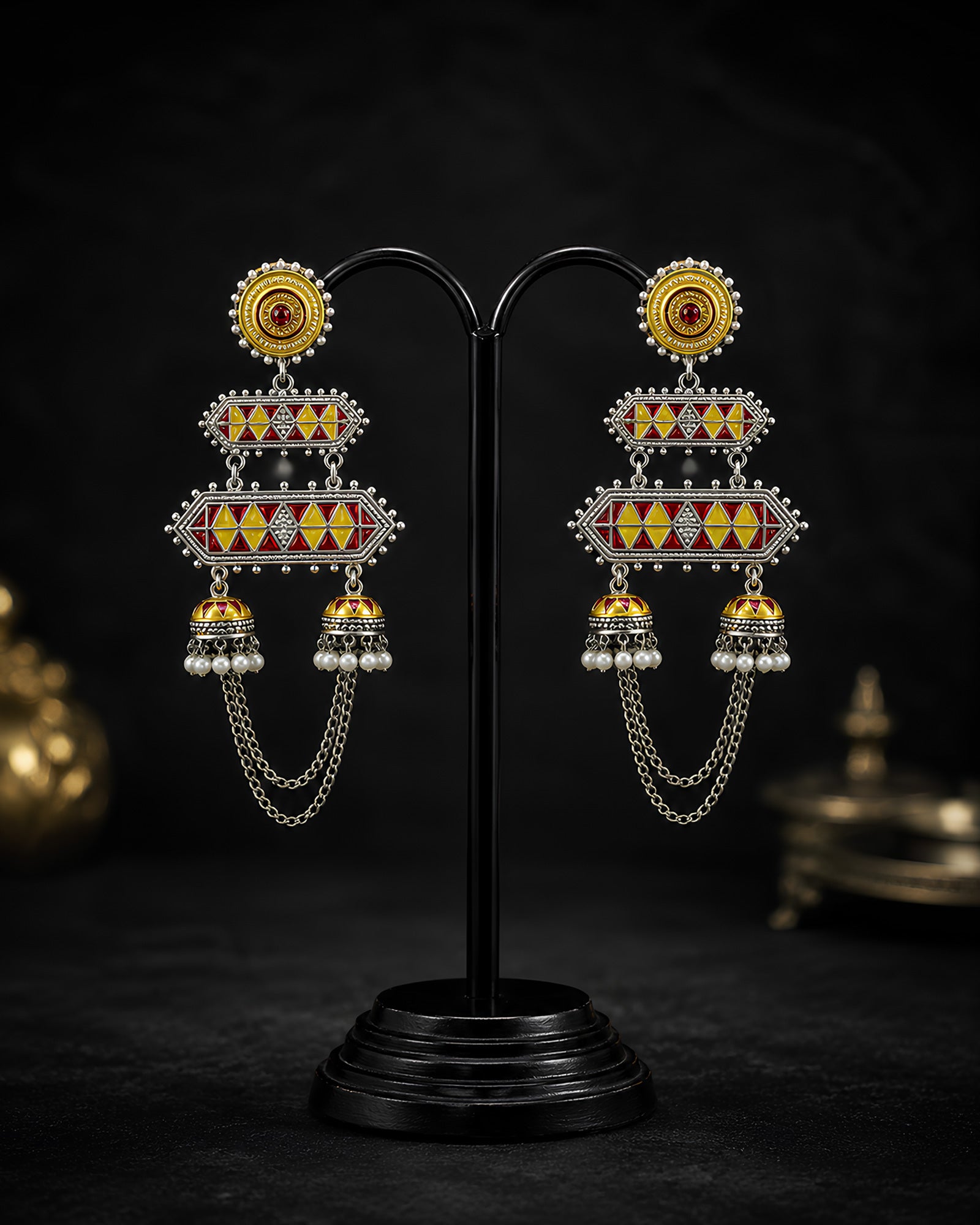 Vibrant Geometric Enamel Tiered Twin Jhumka Earrings