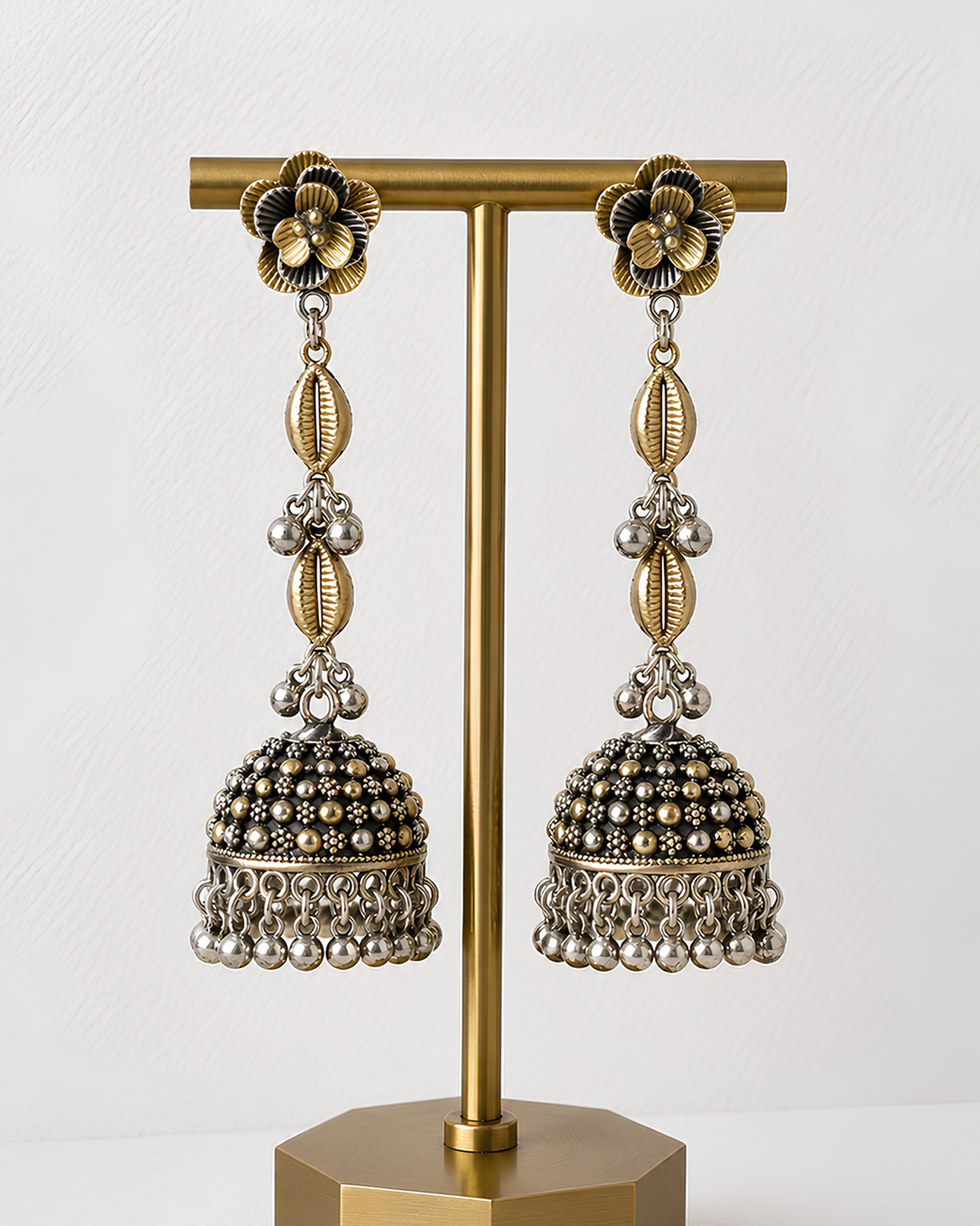 Vintage Cowrie & Blossom Oxidized Jhumkas