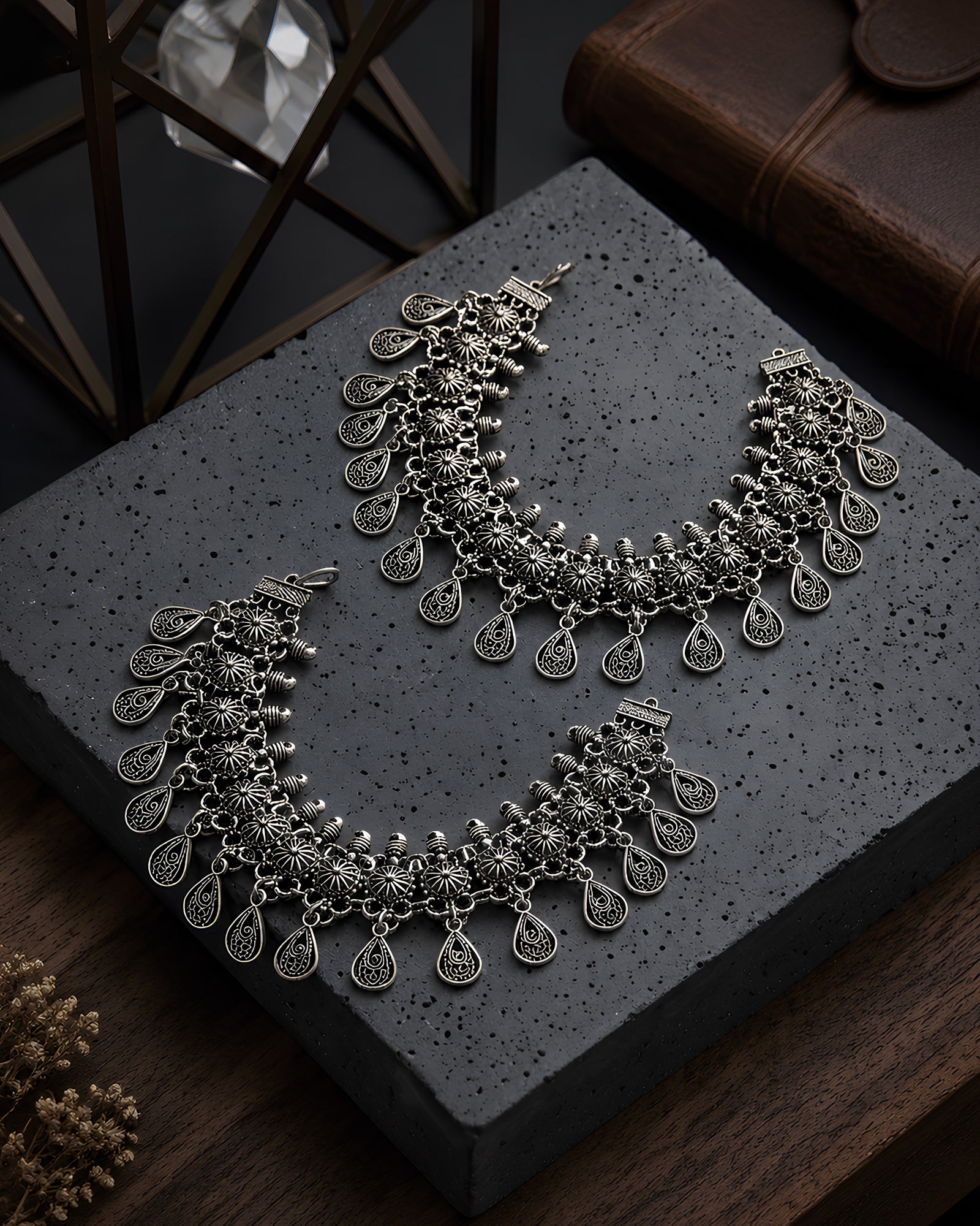 Vintage Floral Medallion & Textured Tear-Fringe Oxidized Anklets