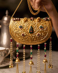 Vintage Gold Carved Crescent Multi-Gemstone Jhumka Bag