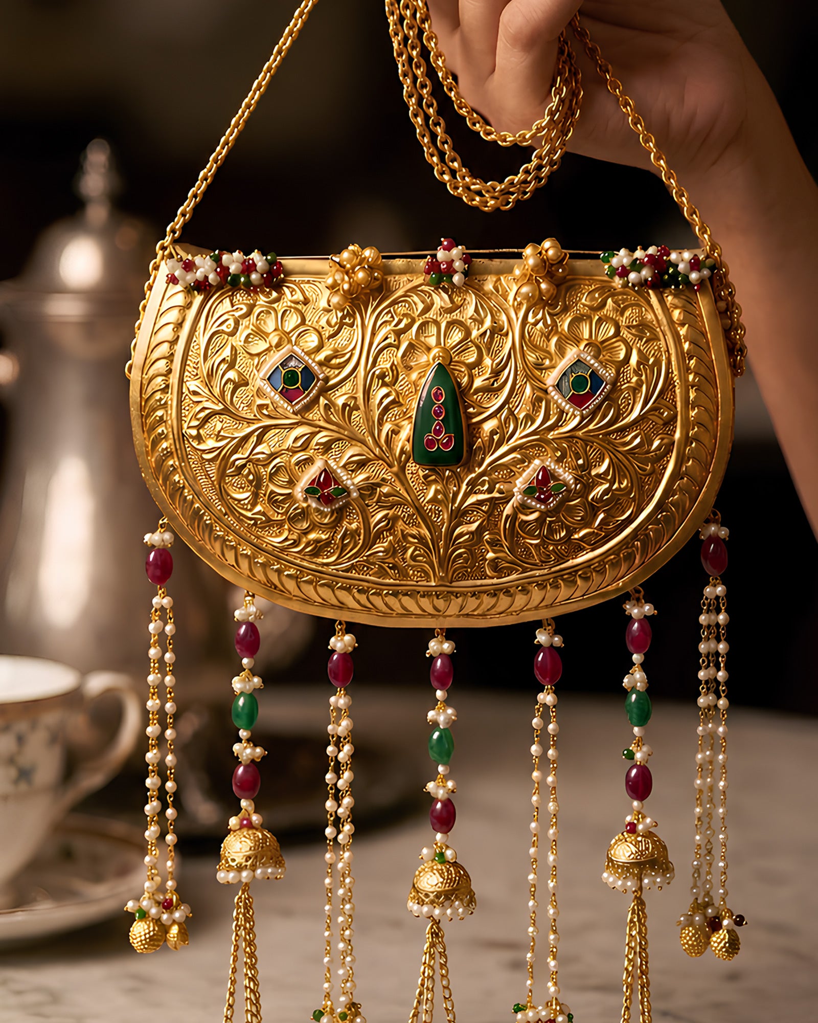 Vintage Gold Carved Crescent Multi-Gemstone Jhumka Bag