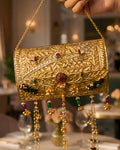 Vintage Gold Carved Envelope Multi-Gemstone Fringed Bag