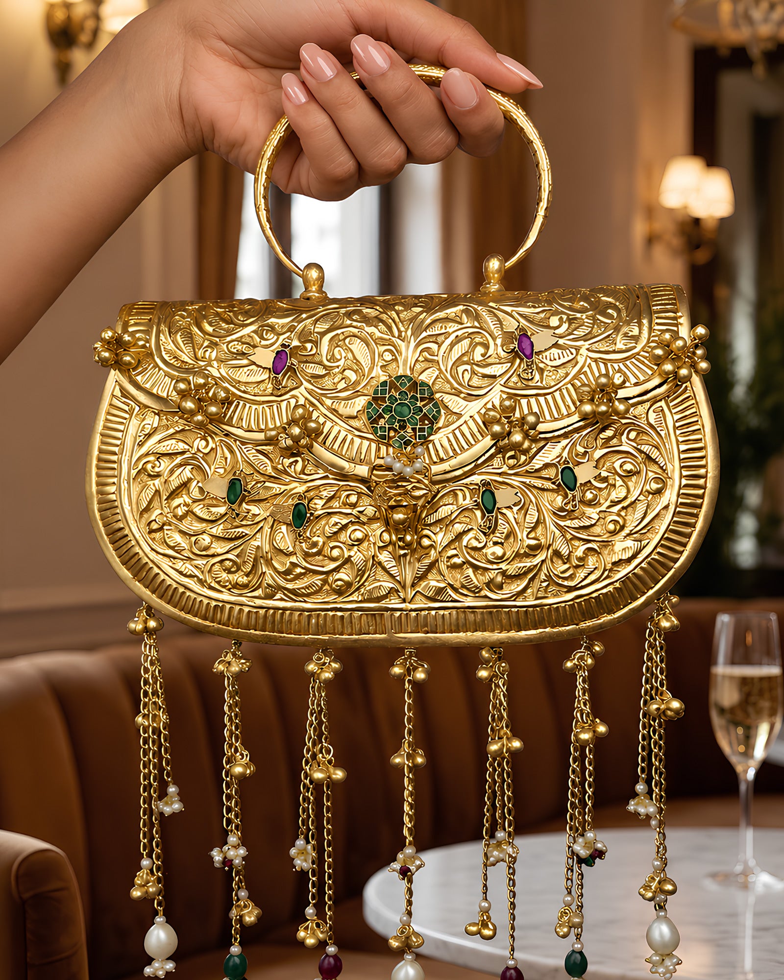 Vintage Gold Carved Flora Emerald Rosette Bag