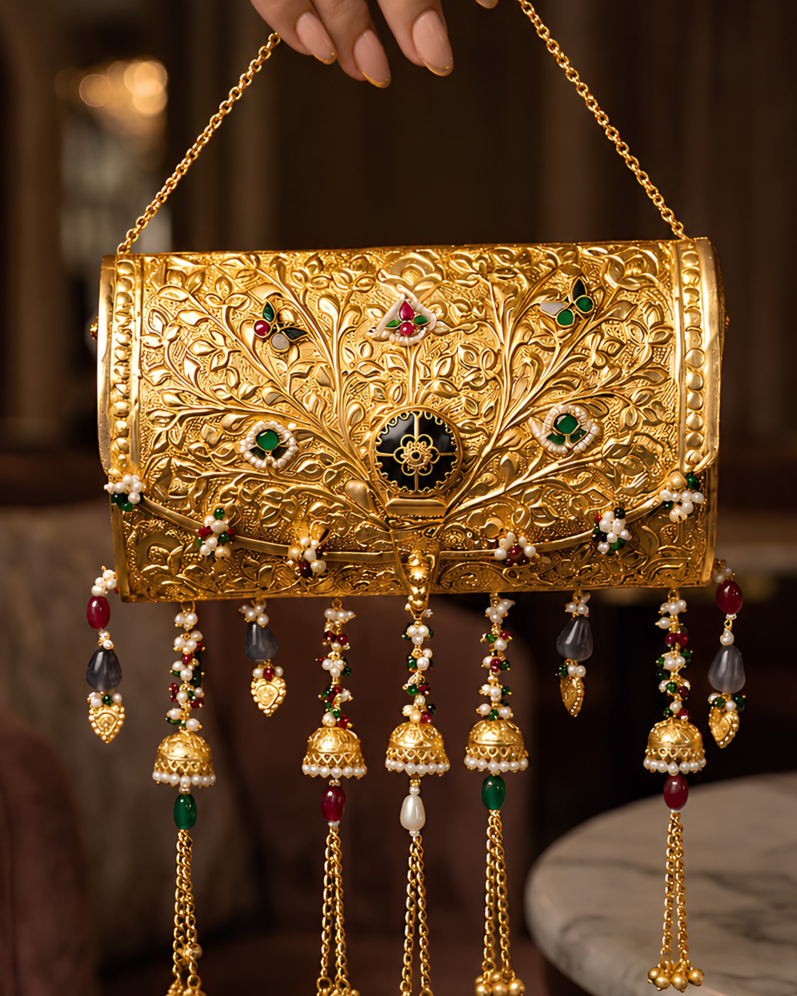 Vintage Gold Carved Flora Meenakari Jhumka Clutch