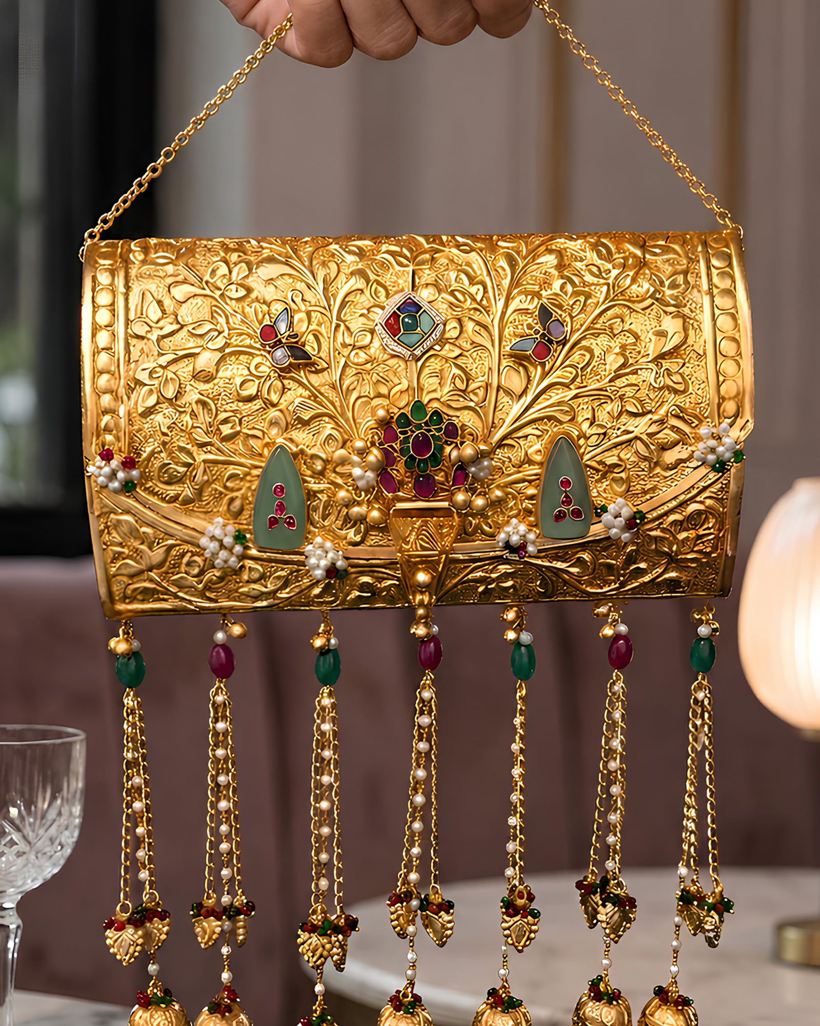 Vintage Gold Carved Flora Multi-Gemstone Fringed Clutch
