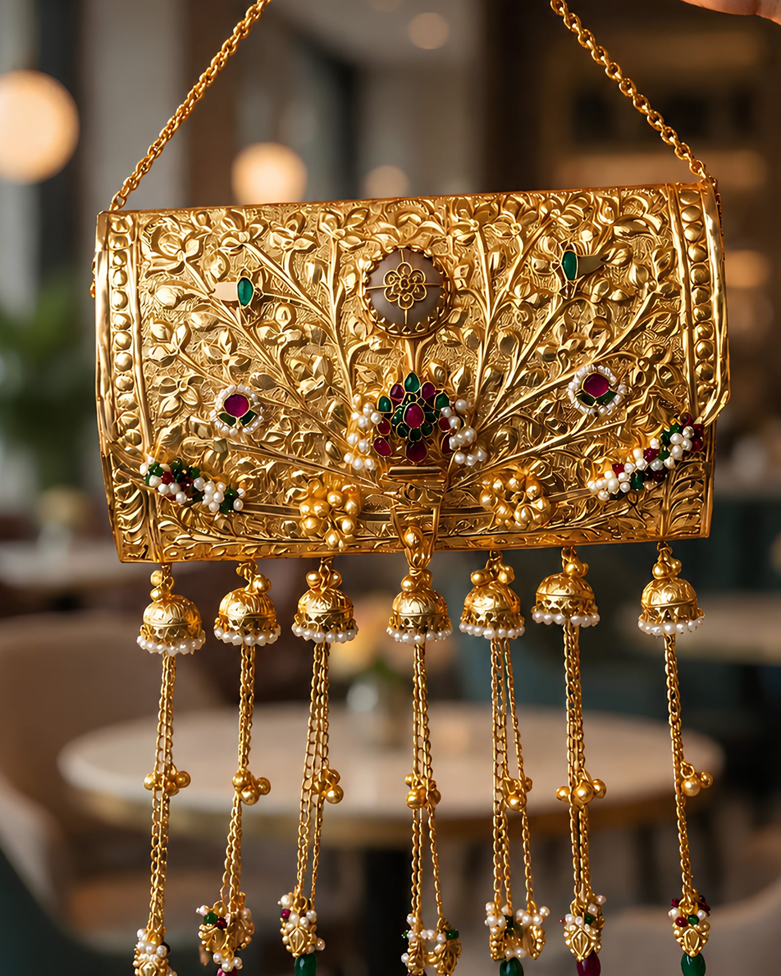 Vintage Gold Carved Flora Multi-Jhumka Statement Clutch