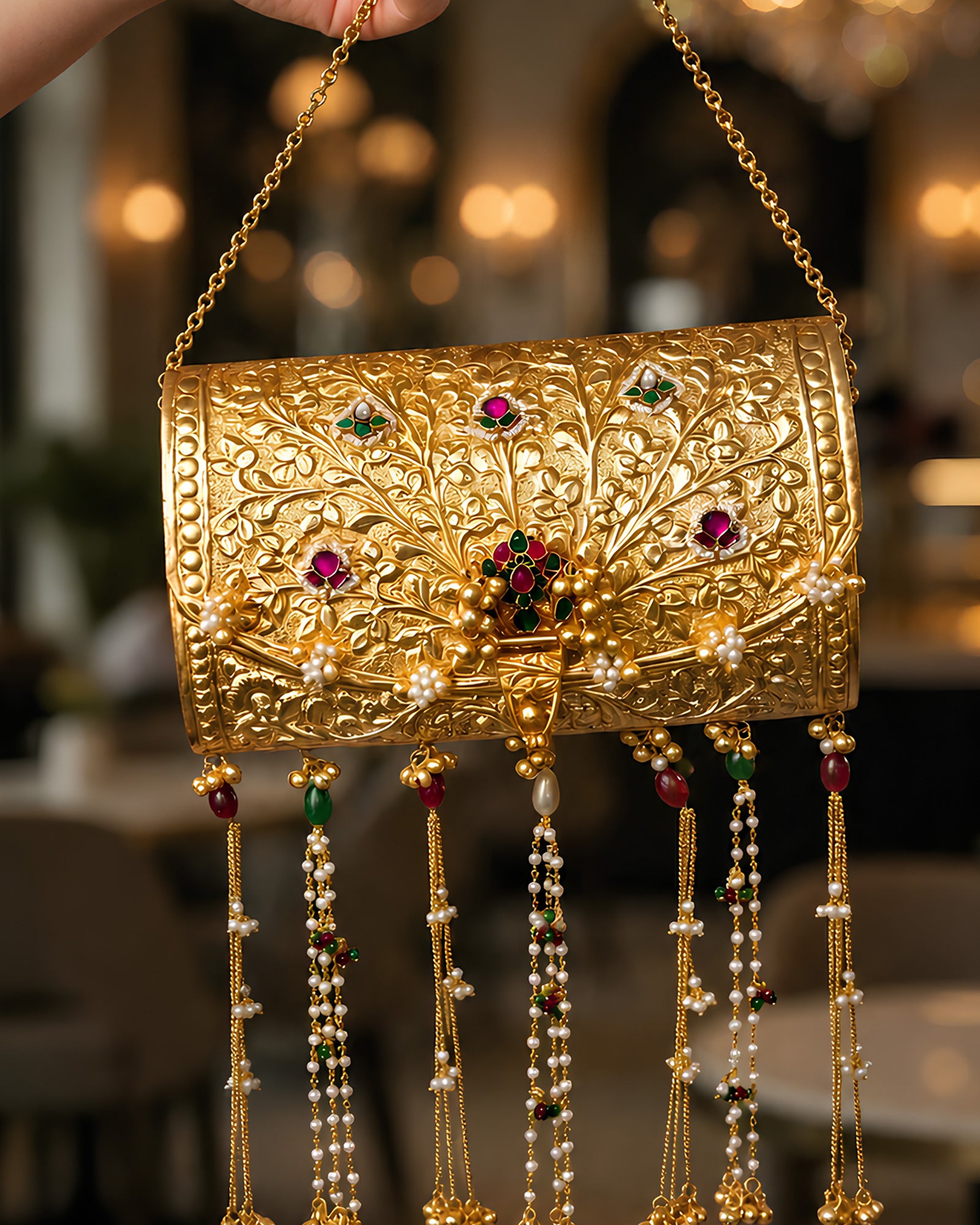 Vintage Gold Carved Flora Ruby Cluster Fringed Clutch