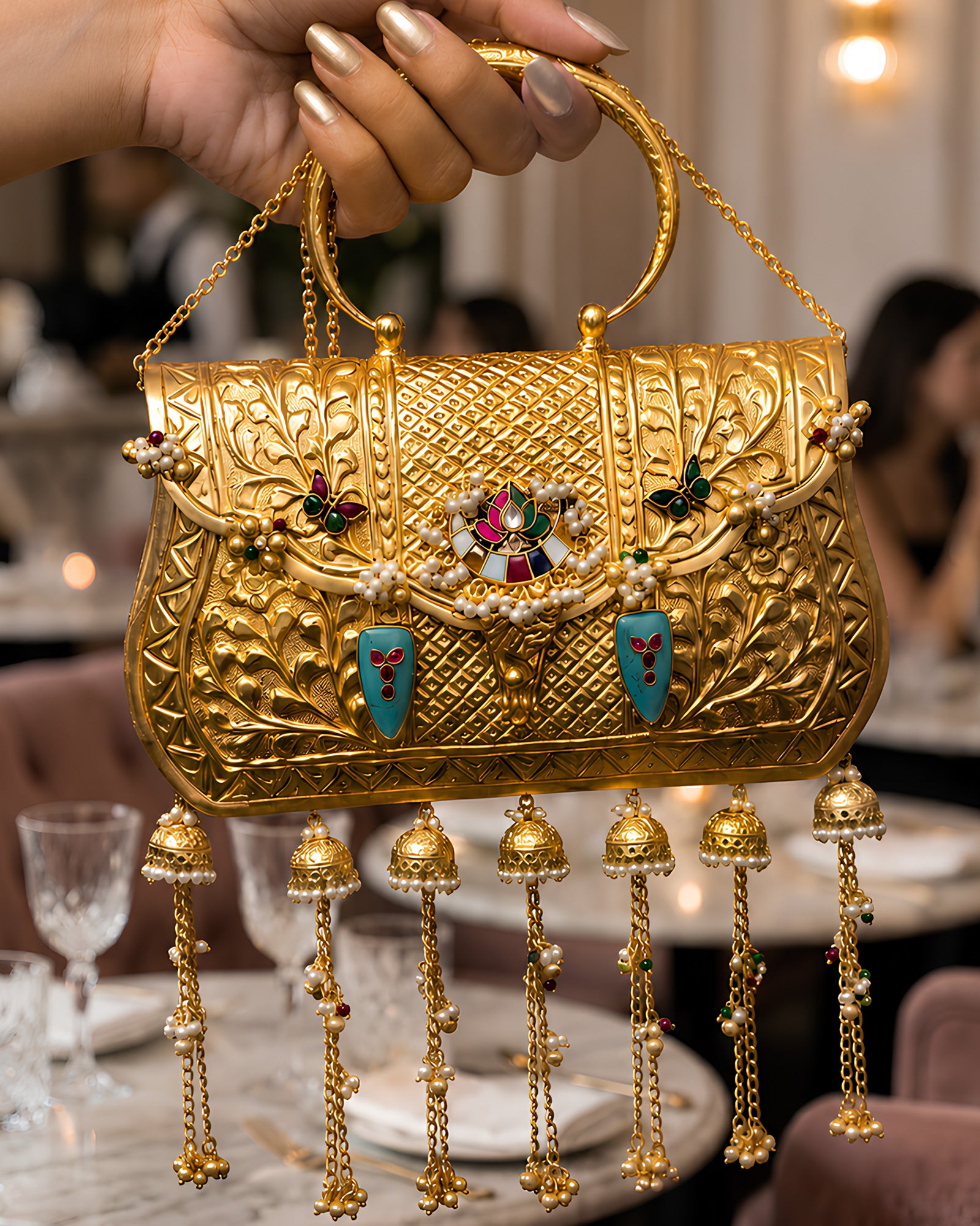 Vintage Gold Carved Flora Turquoise & Multi-Jhumka Bag