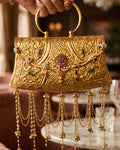 Vintage Gold Carved Floral Multi-Gemstone Fringed Bag