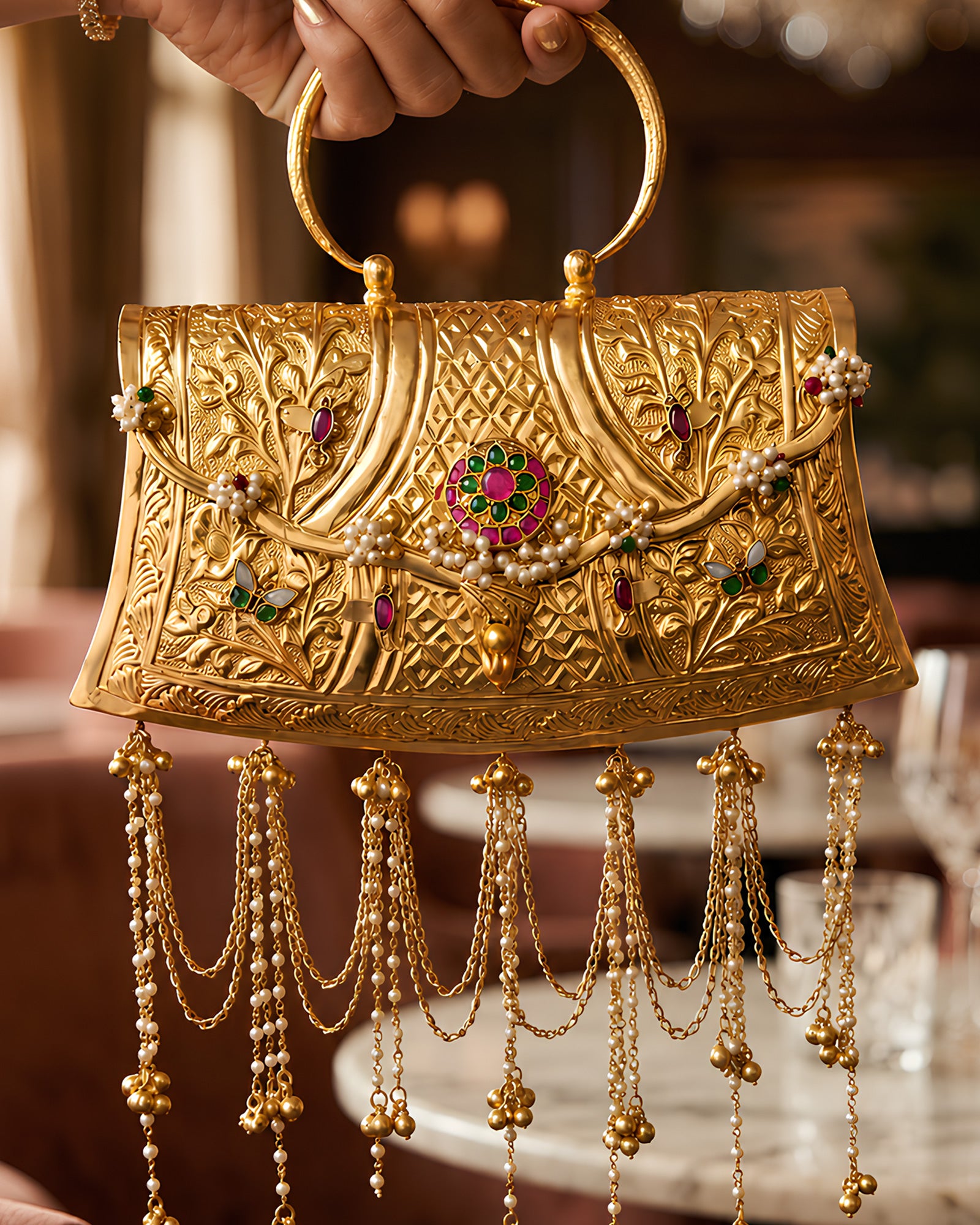 Vintage Gold Carved Floral Multi-Gemstone Fringed Bag