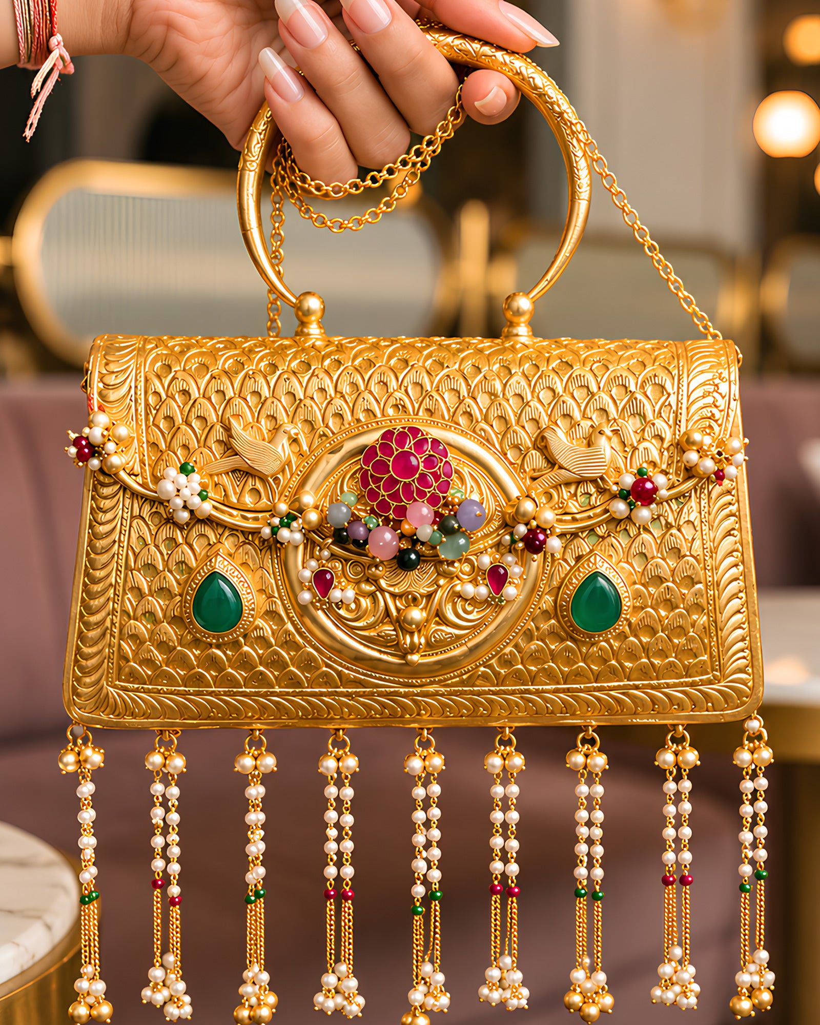 Vintage Gold Carved Lattice Ruby Emblem Bag