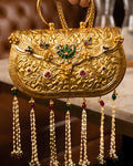 Vintage Gold Carved Lotus Emblem Fringed Bag