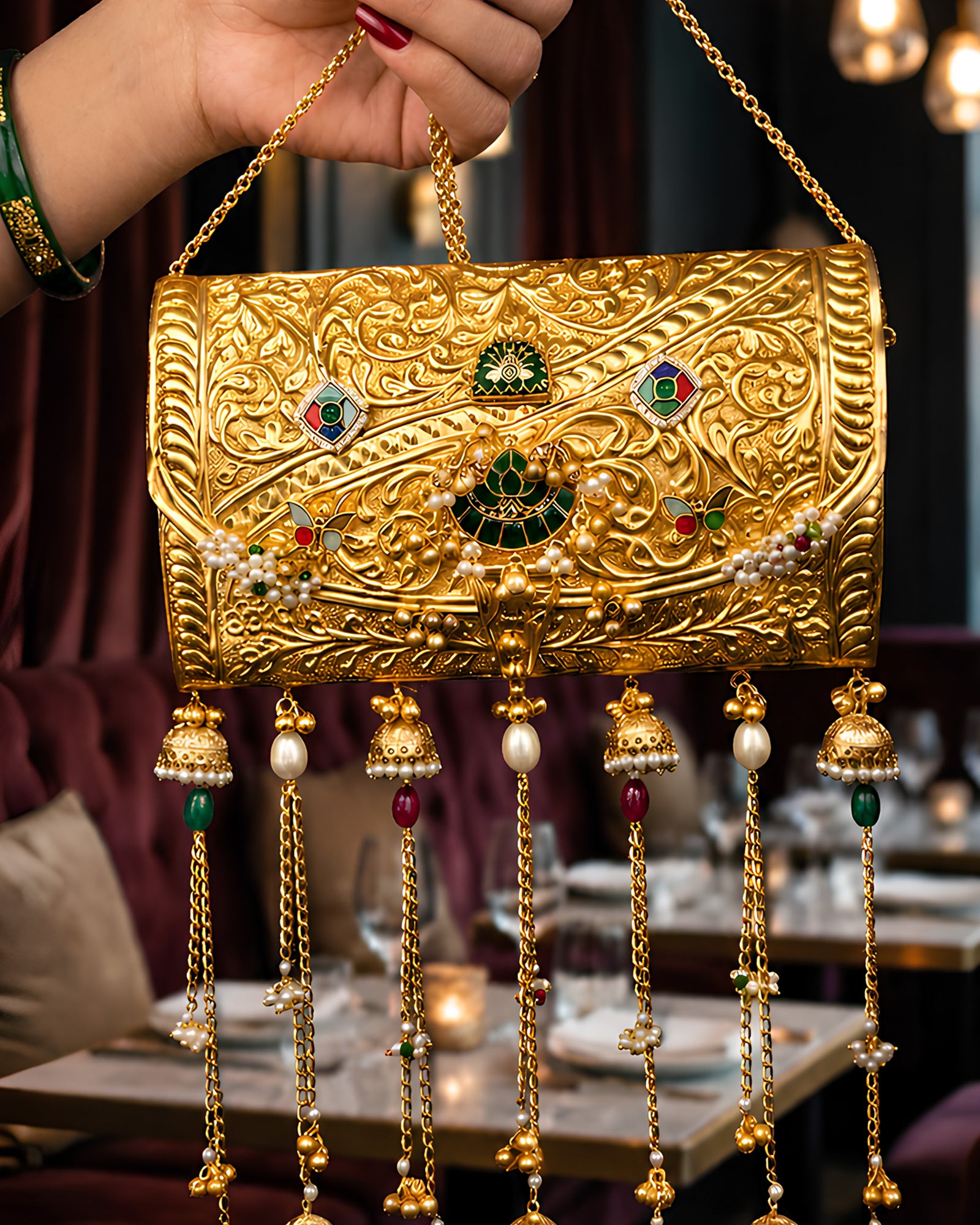 Vintage Gold Carved Lotus Emblem Jhumka Bag