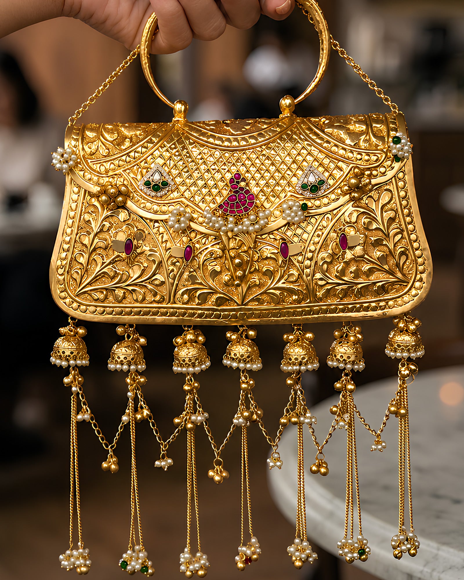 Vintage Gold Carved Peacock & Multi-Jhumka Bag