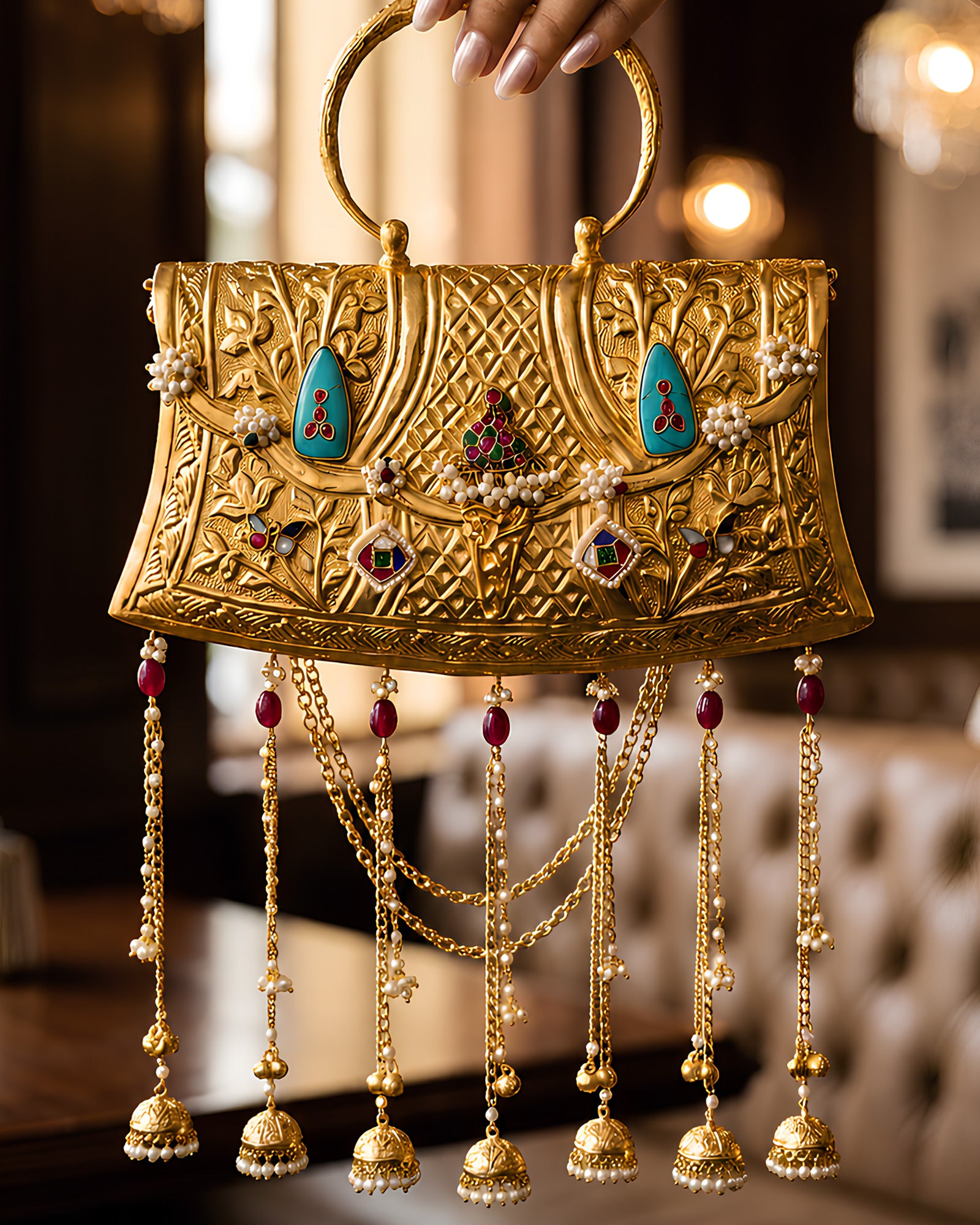 Vintage Gold Carved Turquoise & Multi-Jhumka Bag