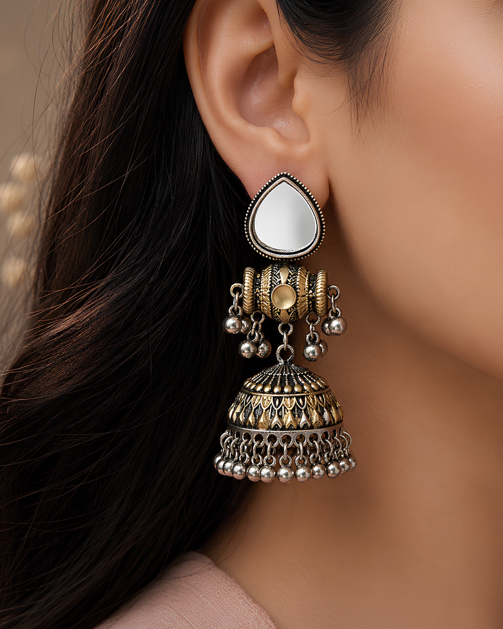 Vintage Mirror Drop Oxidized Jhumkas