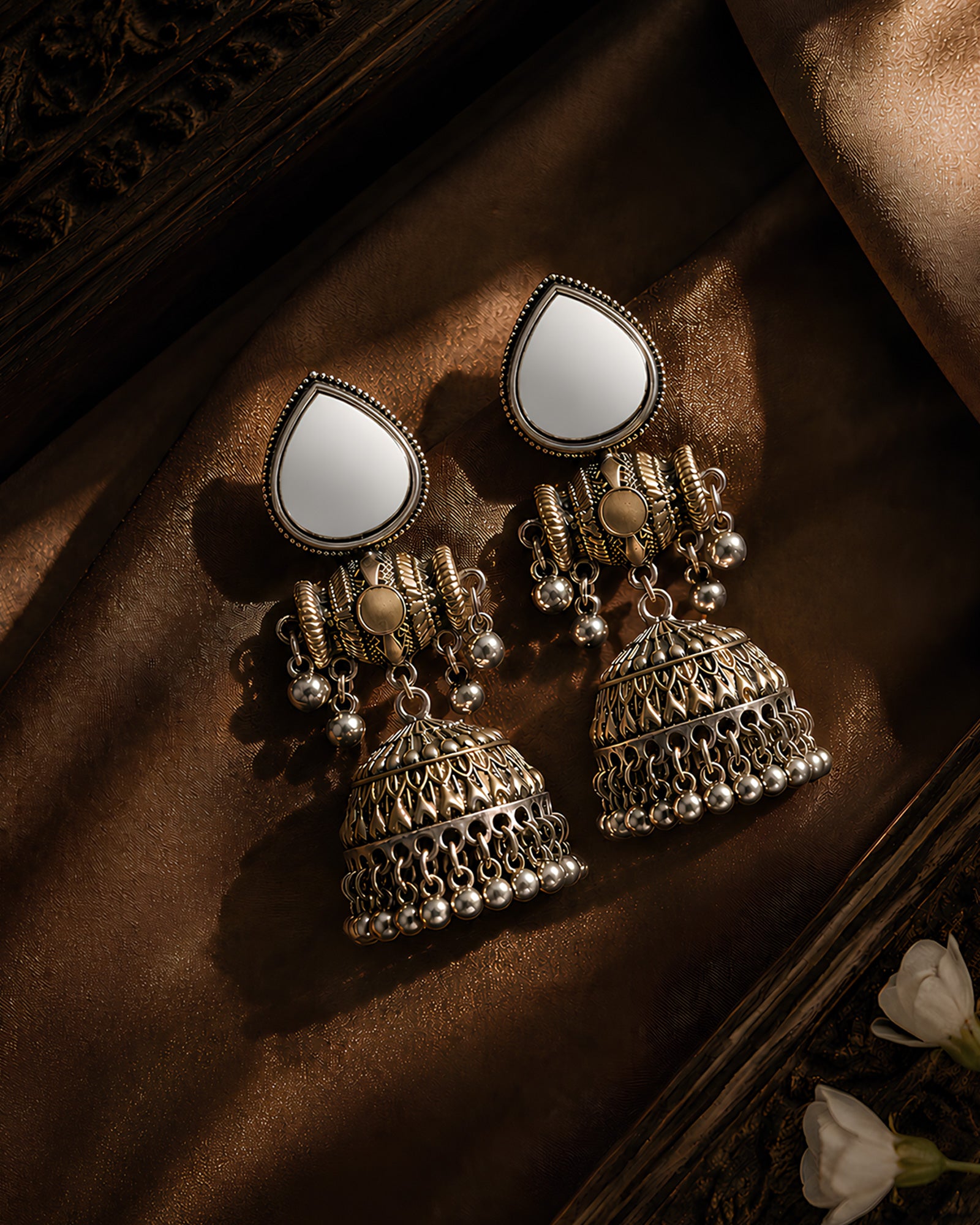 Vintage Mirror Drop Oxidized Jhumkas